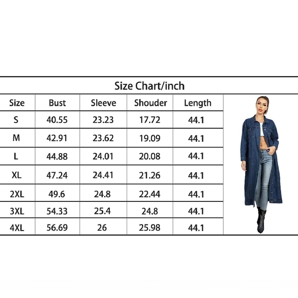 Womens Classic Long Jean Jacket Long Sleeve Button Down Denim (chose SZ & color) - Picture 4 of 4